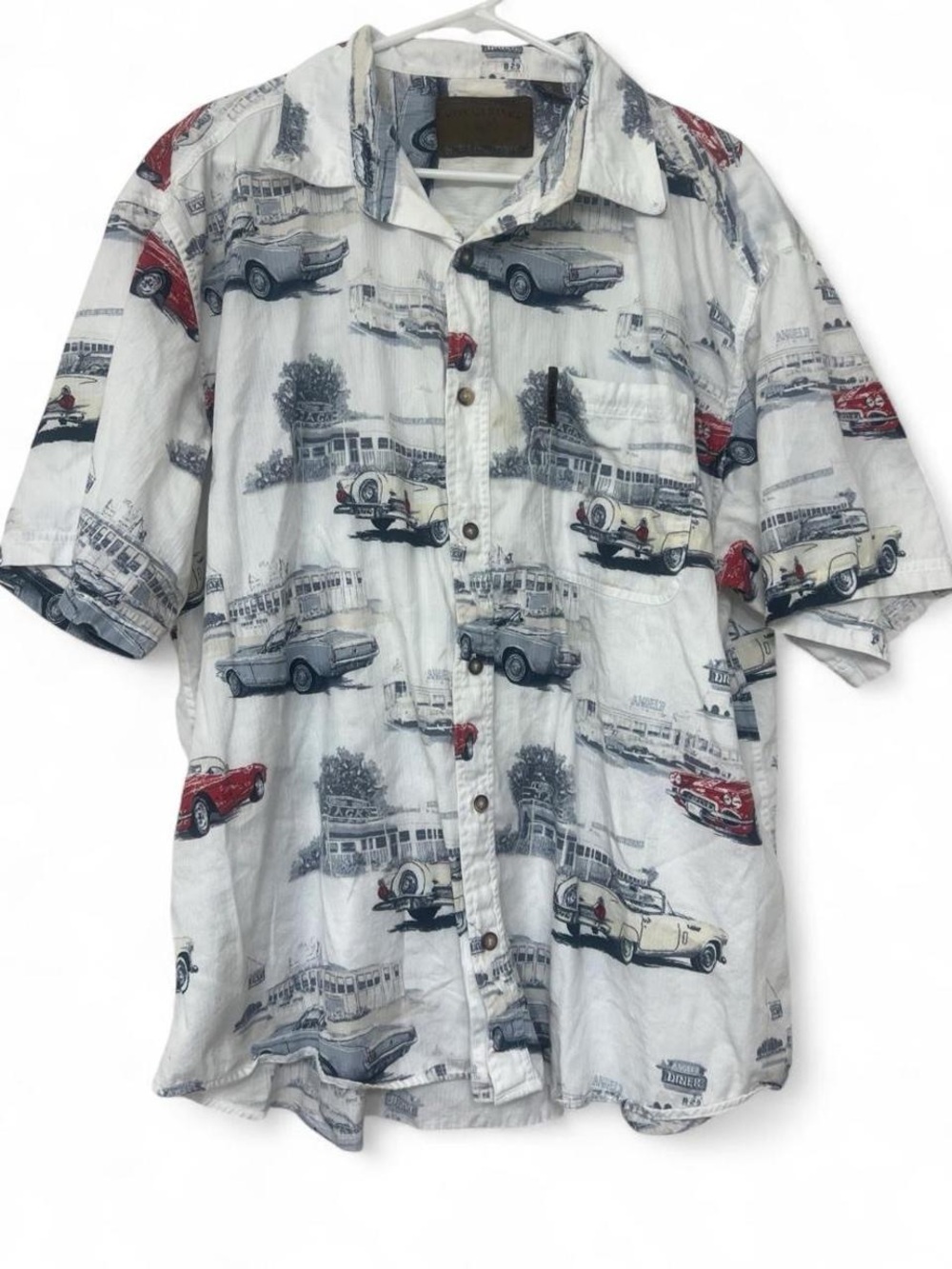 North River Outfitters white vintage old cars pattern button up collared shirt